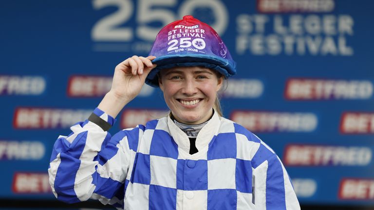 Osborne sporting her Leger-winning cap, tailor-made for the 250th running of the race