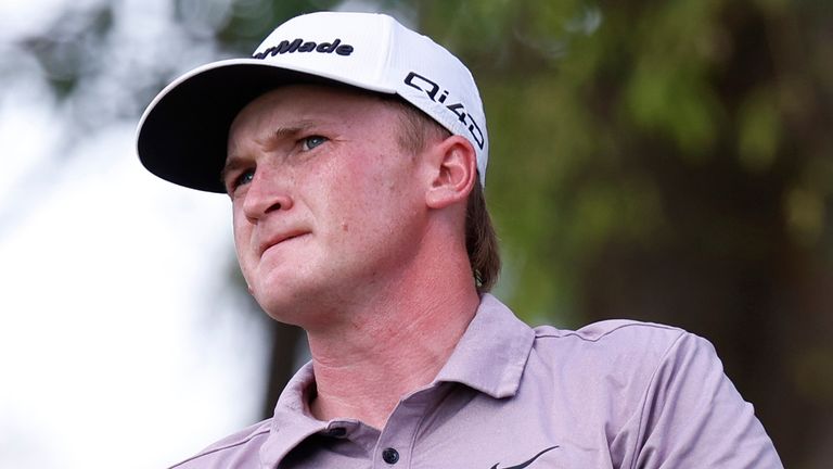 Sandy Scott of Scotland watches his tee shot on No. 8 during the final round of the Simmons Bank Open 
