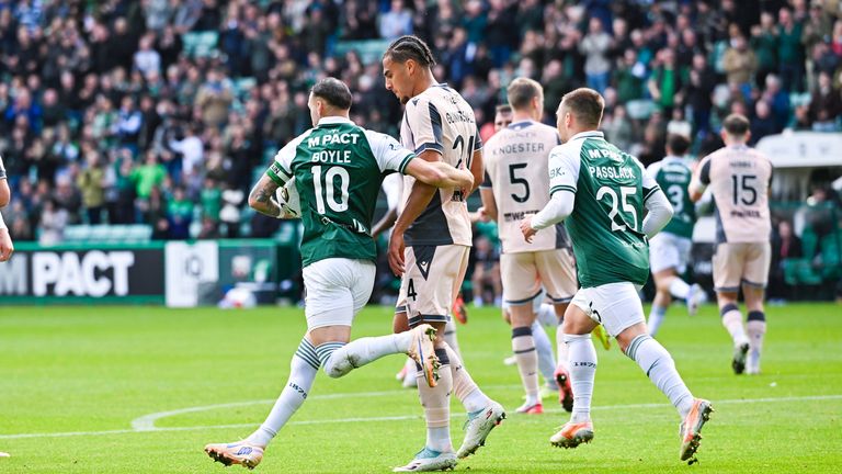 Hibernian's Martin Boyle (C) celebrates after scoring to make it 1-1