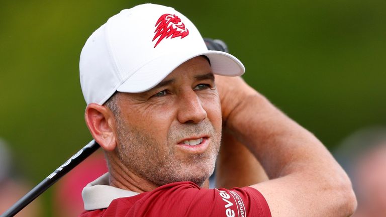 WESTFIELD, IN - AUGUST 23: Sergio Garcia watched his shot off the first tee during the Final Round of LIV Golf 