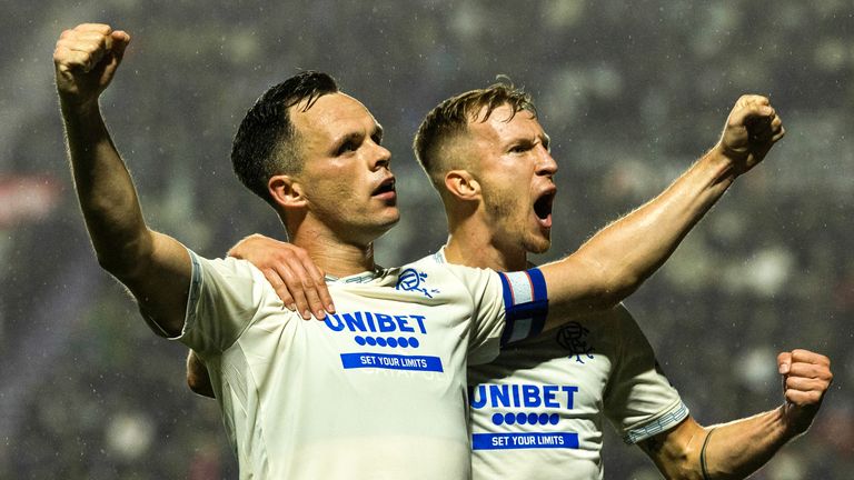 FALKIRK, SCOTLAND - SEPTEMBER 02: Rangers Lawrence Shankland celebrates with Ross McCrorie after scoring to make it 2-1 during a William Hill Premiership match between Falkirk and Rangers at The Falkirk Stadium, on September 02, 2026, in Falkirk, Scotland. (Photo by Craig Foy / SNS Group)