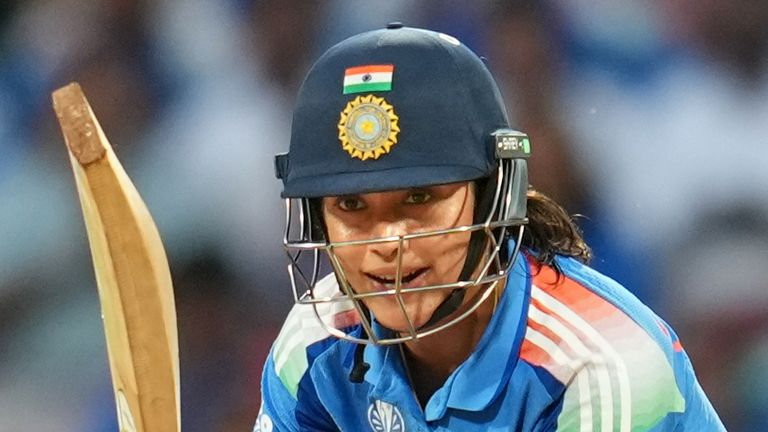 India's Smriti Mandhana plays a shot during the ICC Women's Cricket World Cup final match between India and South Africa