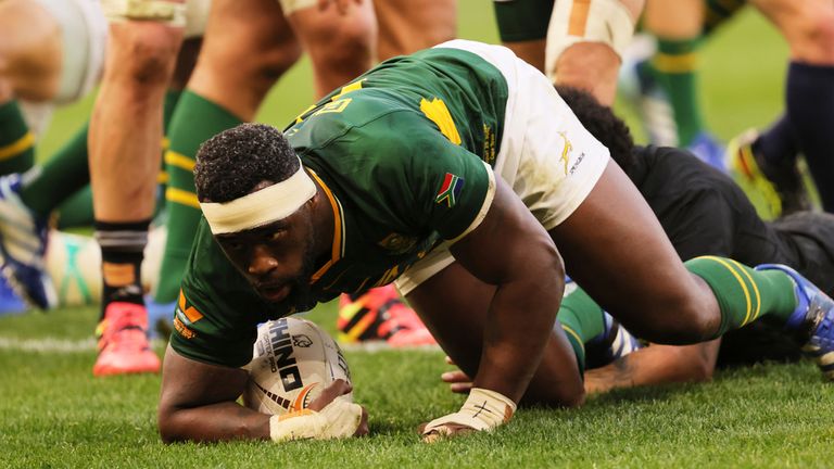 South Africa's captain Siya Kolisi scores a try during a second Test rugby match between South Africa and New Zealand, in Cape Town, South Africa, Saturday, Aug. 29, 2026. (AP Photo/Halden Krog)