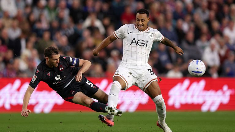 Adam Idah challenges for the ball