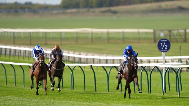 A general view of Talk Of New York ridden by William Buick (right) on their way to winning the Betway Joel Stakes