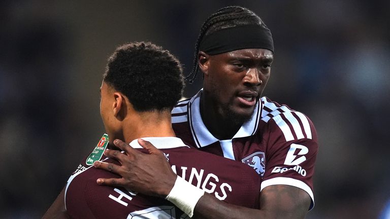 Tammy Abraham celebrates after opening the scoring for Aston Villa at Coventry in the Carabao Cup