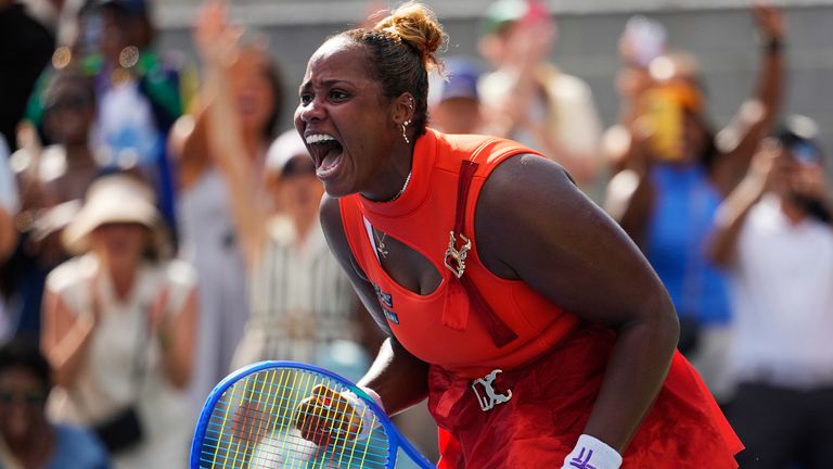 Taylor Townsend, of the United States, reacts after she won her match against Diana Shnaider, of Russia, during the third round of the U.S. 