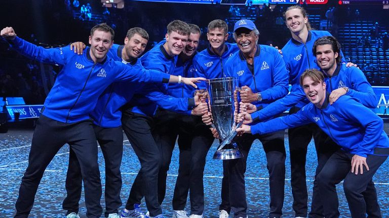 Team Europe celebrate after beating Team World to win the Laver Cup tennis tournament in London, Sunday, Sept. 27, 2026. (AP Photo/Maja Smiejkowska)