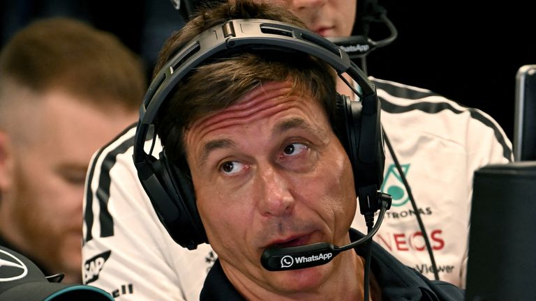 Mercedes' Austrian team principal and CEO Toto Wolff speaks with a team member during the first practice session of the Italian Formula One Grand Prix at the Autodromo Nazionale Monza circuit in Monza, northern Italy on September 4, 2026. (Photo by Marco BERTORELLO / AFP)