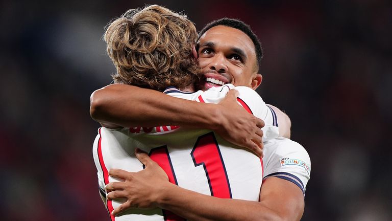England's Anthony Gordon celebrates scoring the first goal against Czech Republic with Trent Alexander-Arnold