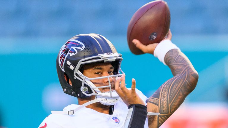 Tua Tagovailoa takes charge for the Atlanta Falcons as he returns to Miami for a pre-season showdown with his former team, the Dolphins (AP Photo/Doug Murray)
