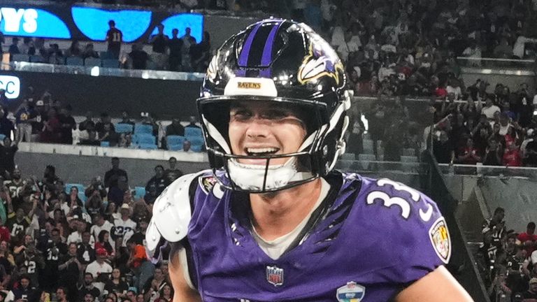 Baltimore Ravens place kicker Tyler Loop (33) celebrates after winning in Rio 