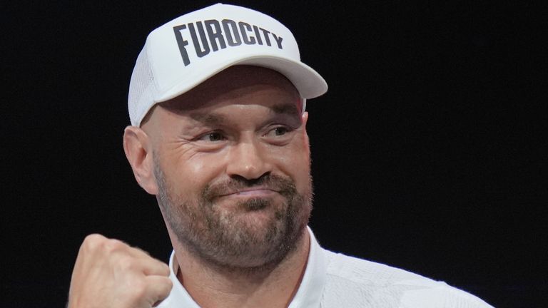 Tyson Fury during a Press Conference with Anthony Joshua in London, Wednesday, Sept. 30, 2026, to promote their upcoming fight 