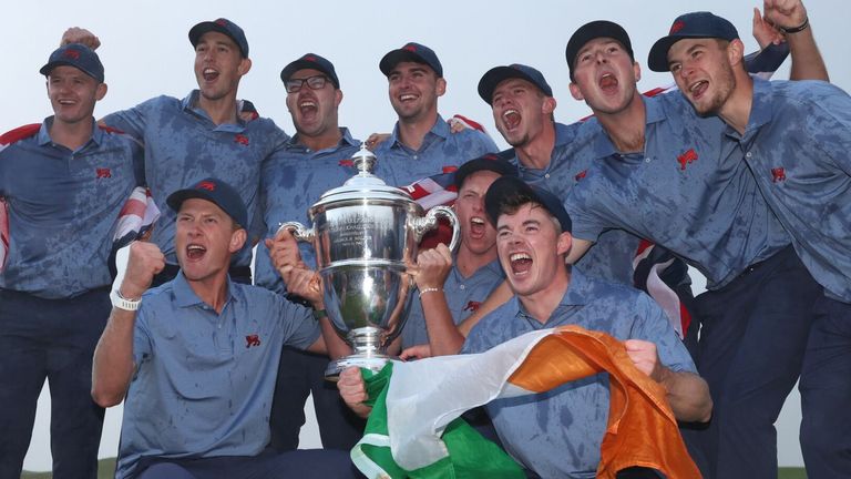 Great Britain and Ireland celebrate after winning the Walker Cup for the first time since 2015