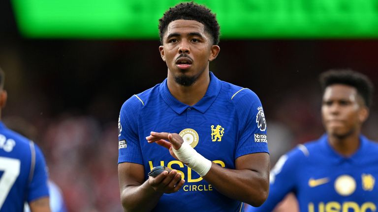 Wesley Fofana applauds the travelling fans after Chelsea's loss to Arsenal