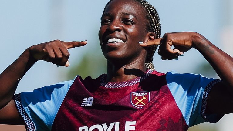 West Ham's Viviane Asseyi celebrates after scoring to make it 2-0