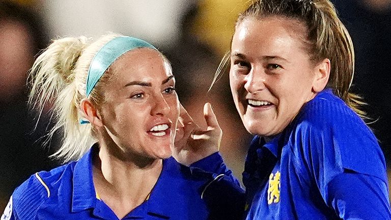 Chelsea's Wieke Kaptein (right) celebrates with team-mates after scoring their first goal during the UEFA Women's Champions League, l