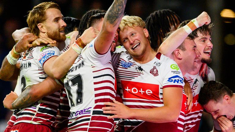 Wigan celebrate Jai Field's try against Leeds.