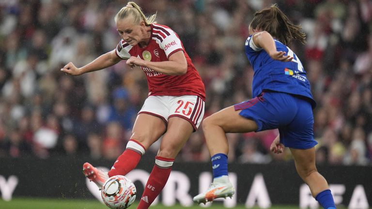 Stina Blackstenius shoots at goal during Arsenal's WSL clash with Manchester United