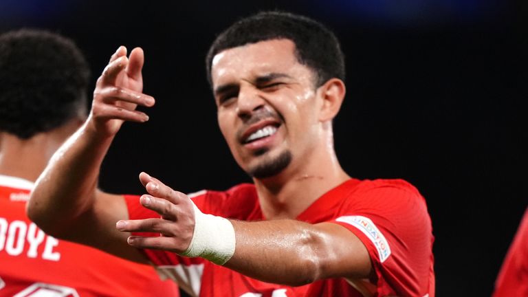 Switzerland's Zeki Amdouni celebrates scoring the third goal vs Scotland