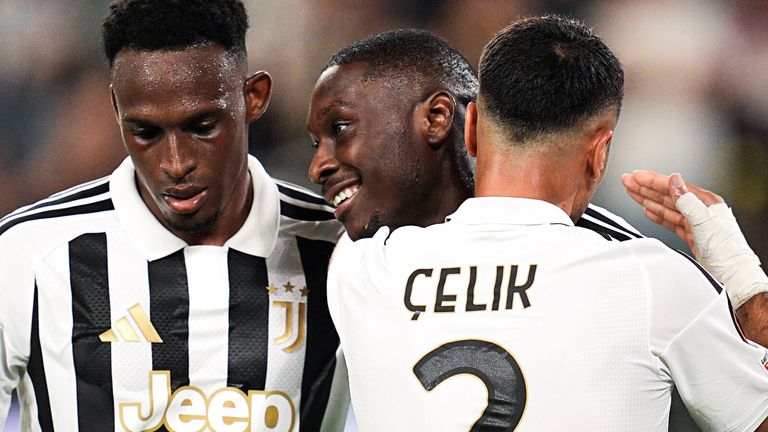 Juventus's Zeki Celik, right, celebrates scoring during the Europa League soccer match between Juventus and NEC in Turin, Italy, Thursday Sept. 17, 2026. (Marco Alpozzi/Lapresse via AP)
