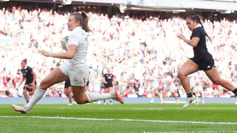 Zoe Harrison crosses for England's winning try in their thrilling 26-19 victory over New Zealand