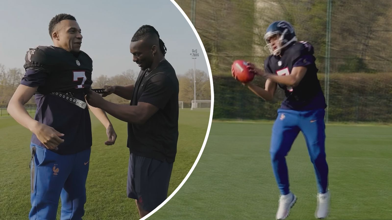 Kylian Mbappe swaps the soccer pitch for the gridiron as he tries his hand at the NFL