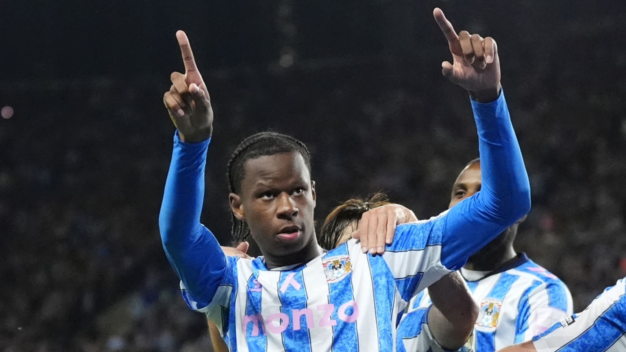 Coventry City's Stephen Mfuni celebrates scoring his side's fourth goal against Newcastle