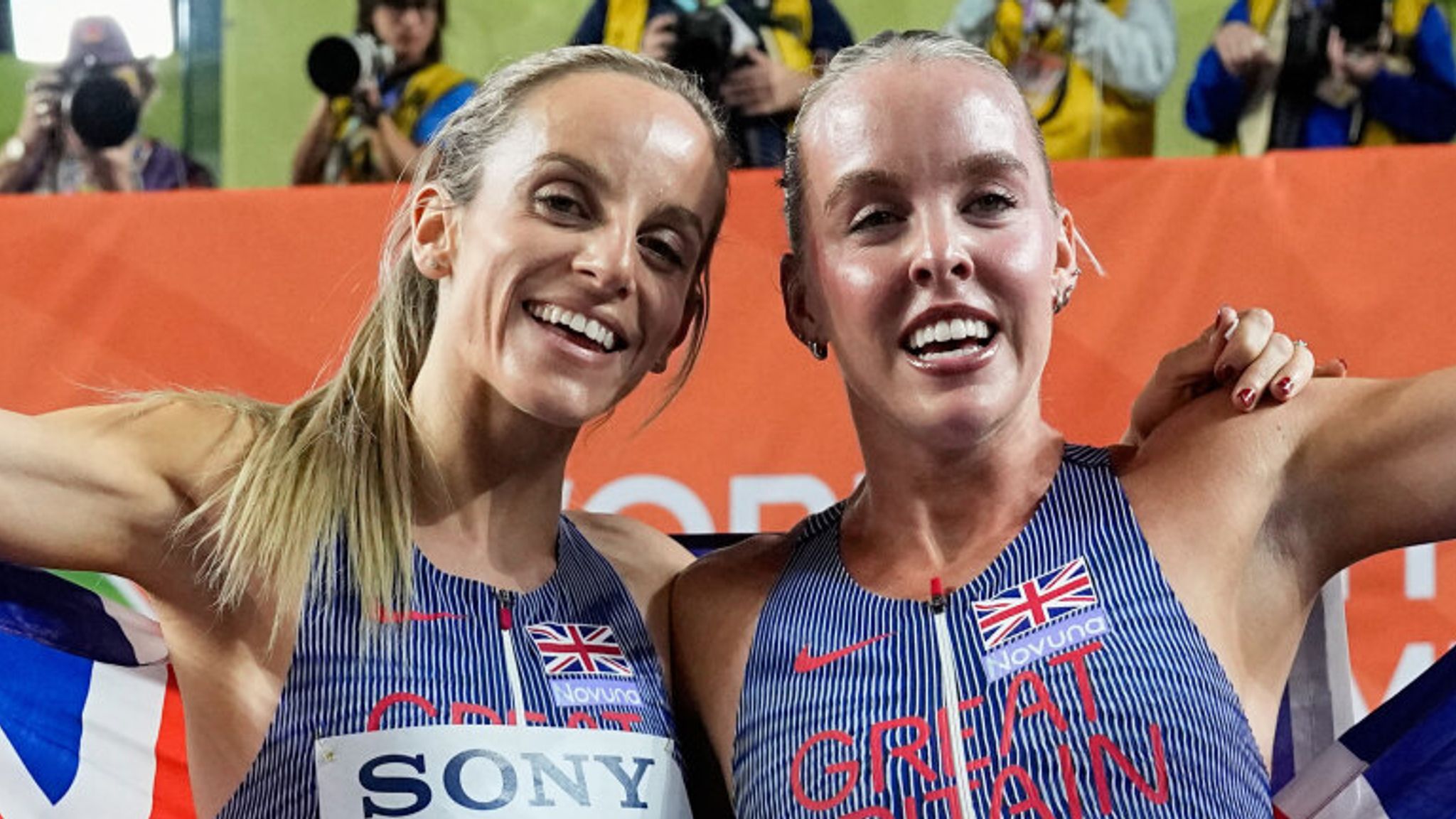 Georgia Hunter Bell (left) and Keely Hodgkinson (right) celebrate after both winning gold at the World Athletics Indoor Championships in March