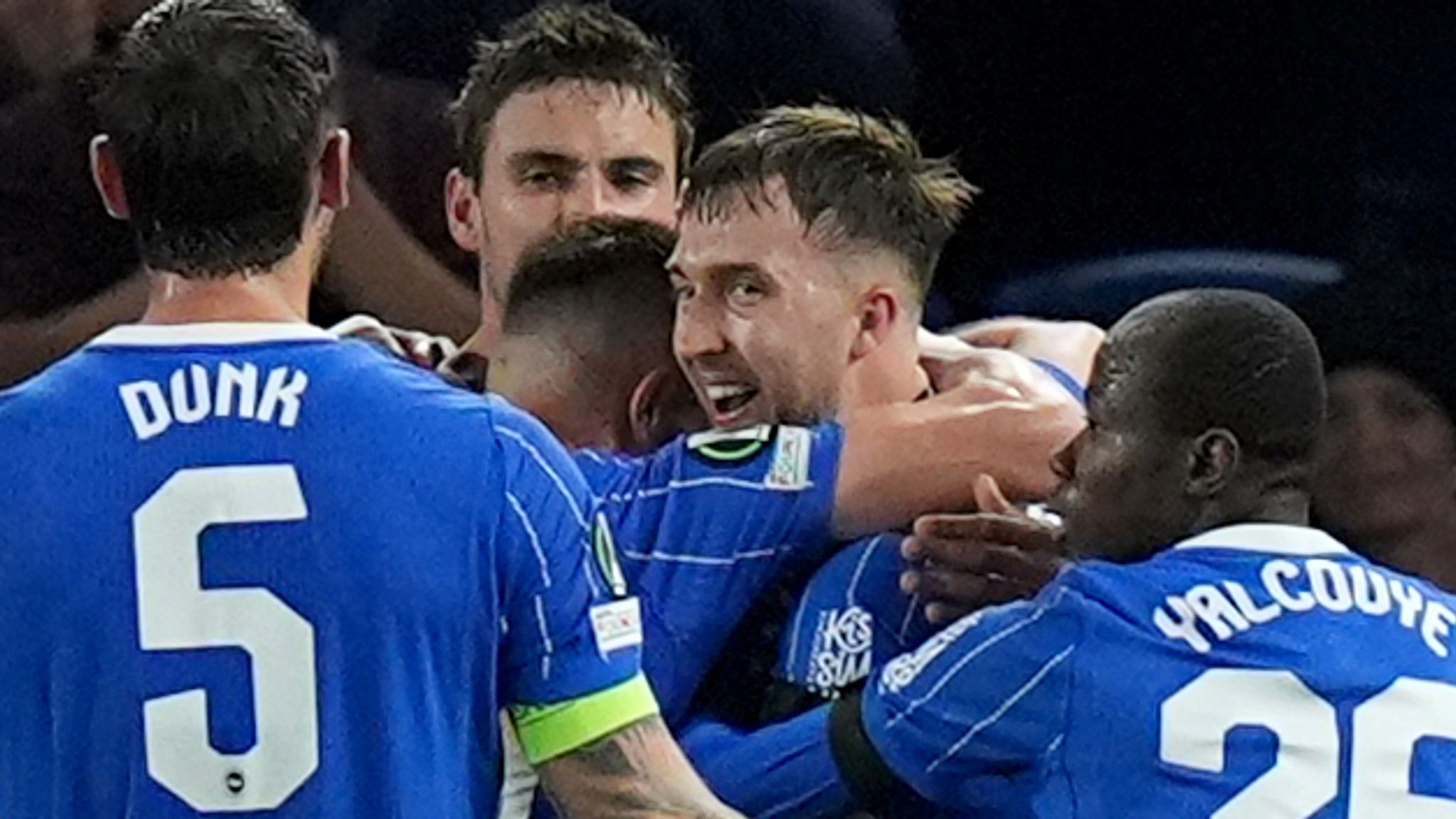 Brighton and Hove Albion's Jack Hinshelwood (second right) is embraced by his team-mates