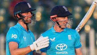 England's Harry Brook, right, celebrates with teammate Will Jacks after scoring double century during the tri-series one-day international cricket match between Sri Lanka and England, in Rawalpindi, Pakistan, Thursday, Oct. 22, 2026. (AP Photo/Anjum 