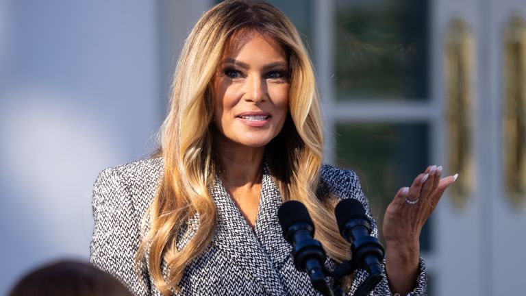 First Lady Melania Trump delivers remarks during an executive order signing regarding women's health in the Rose Garden at the White House in Washington, D.C. on Oct. 19, 2026. (Francis Chung/POLITICO via AP Images)