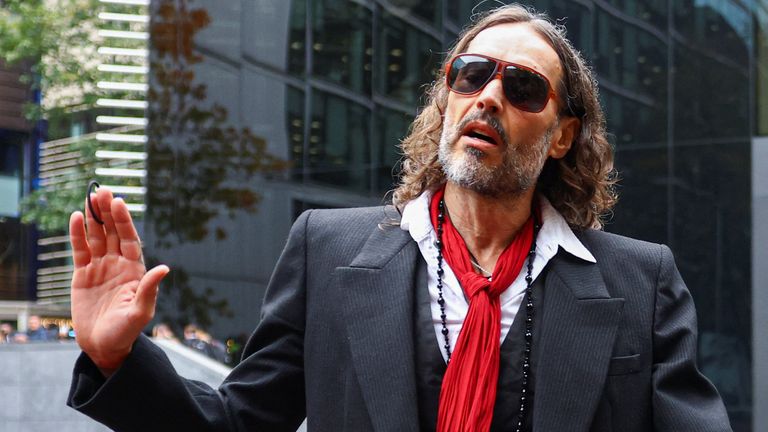 British actor and comedian Russell Brand arrives at Southwark Crown Court during the third week of his trial on charges of rape and sexual a