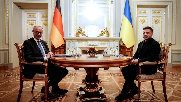 Volodymyr Zelenskyy and Friedrich Merz meet at the Presidential Palace in Kyiv. 04/10/26. Pic: AP