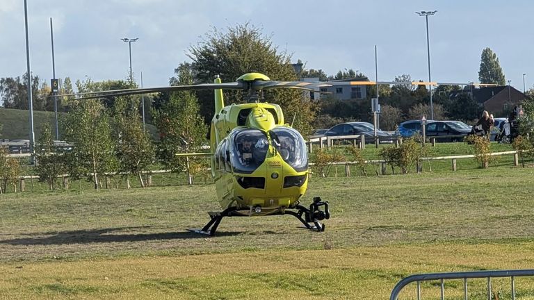 An emergency helicopter attends Yorkshire Wildlife Park after the incident. Pic: YappApp