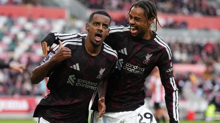 Alexander Isak celebrates with Bradley Barcola after firing Liverpool into a 2-1 lead at Brentford