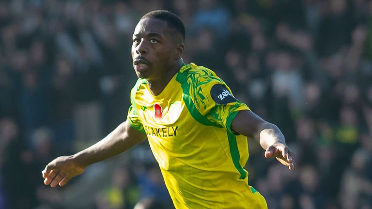 Anthony Musaba celebrates after scoring for Nrowich against Watford