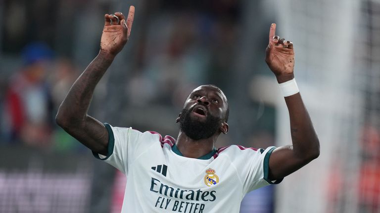 Real Madrid's Antonio Rudiger celebrates after scoring his side's fourth goal