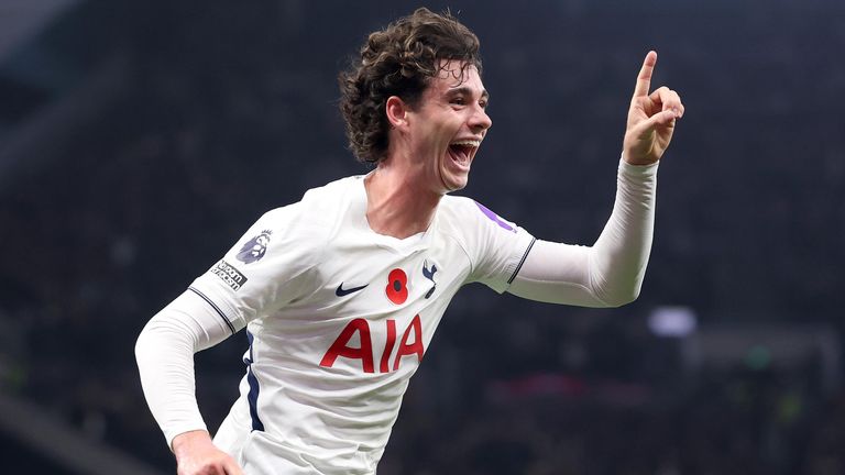 Archie Gray celebrates after giving Spurs a first-half lead against Crystal Palace