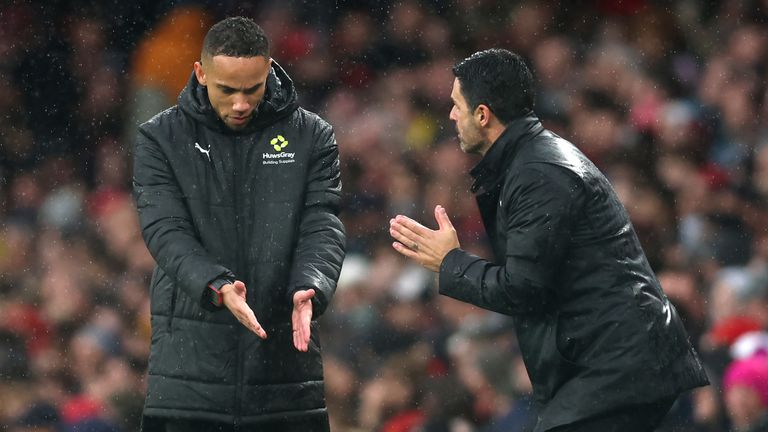 Mikel Arteta remonstrates with the fourth offical in Arsenal's 2-0 win over Everton