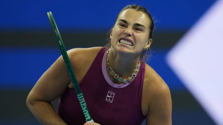 Aryna Sabalenka reacts during a women's singles second round match against Renata Zarazua, of Mexico, in the China Open tennis tournament he