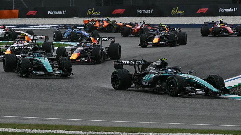 Kimi Antonelli leads George Russell at the start of the Bahrain GP in Malaysia