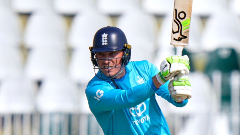 England's Tom Banton plays a shot during the tri-series one-day international cricket match between Sri Lanka and England, in Rawalpindi, Pakistan, Thursday, Oct. 22, 2026. (AP Photo/Anjum Naveed)