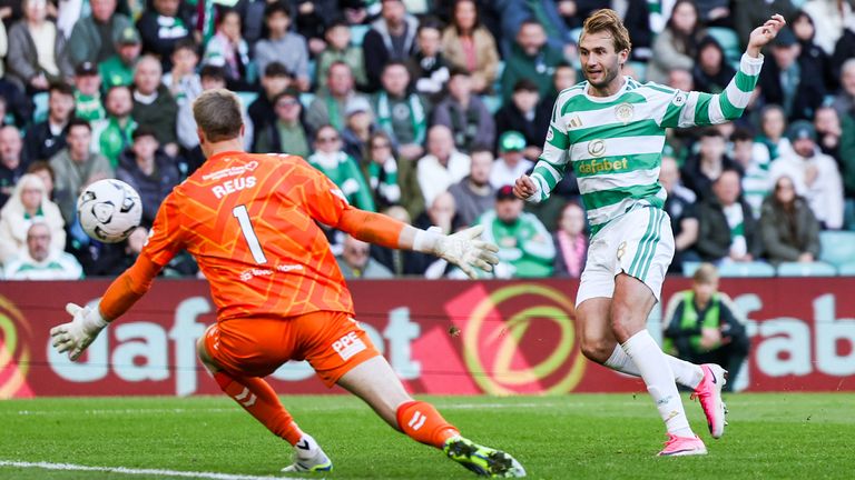Benjamin Nygren scores his second goal of the game to give Celtic a 7-1 lead against Hearts