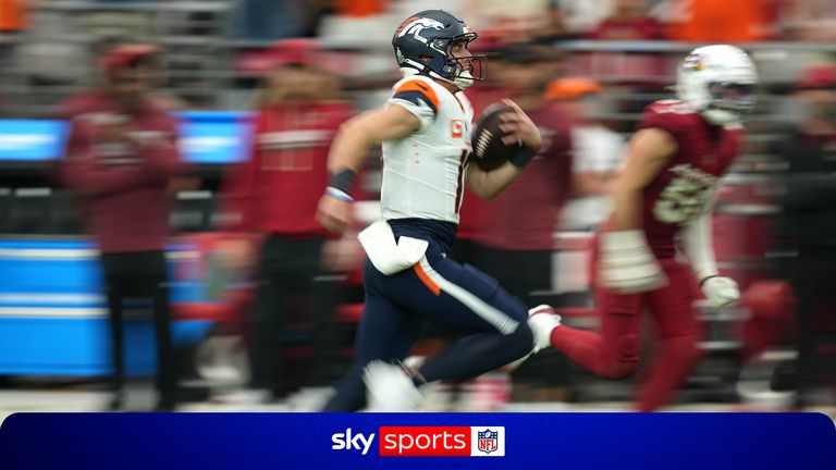Denver Broncos quarterback Bo Nix (10) runs for a touchdown against the Arizona Cardinals during the first half of an NFL football game in Glendale, Ariz., Sunday, Oct. 25, 2026. (AP Photo/Rick Scuteri)
