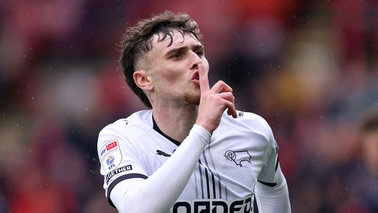Bobby Clark of Derby County celebrates his goal