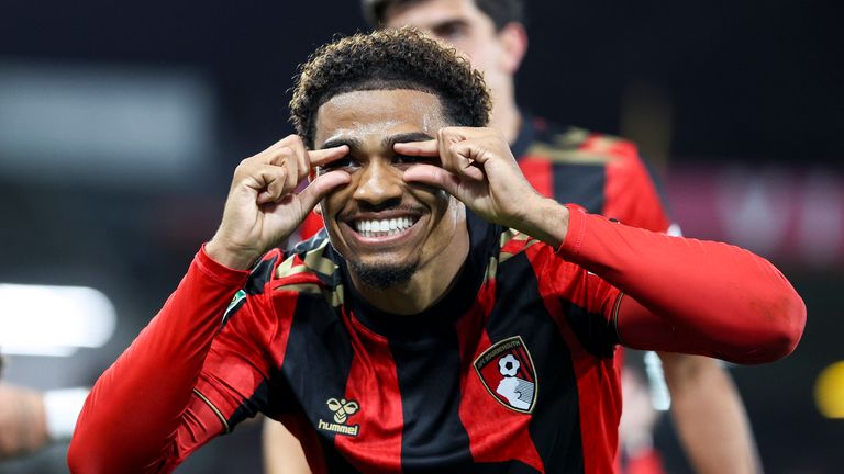Bournemouth's Amine Adli celebrates his opener against Aston Villa