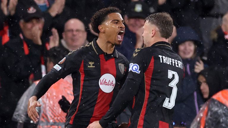 Bournemouth's Amine Adli celebrates his free-kick goal against AC Milan in the Europa League