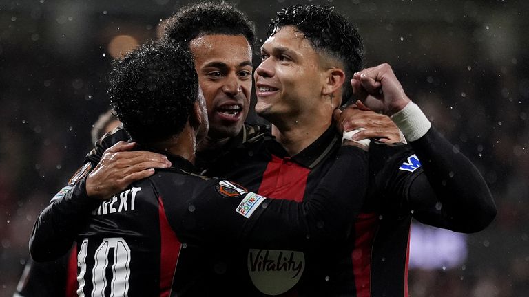 Bournemouth's Justin Kluivert (left) celebrates with Evanilson (right) and team-mates after scoring their side's first goal from a penalty d