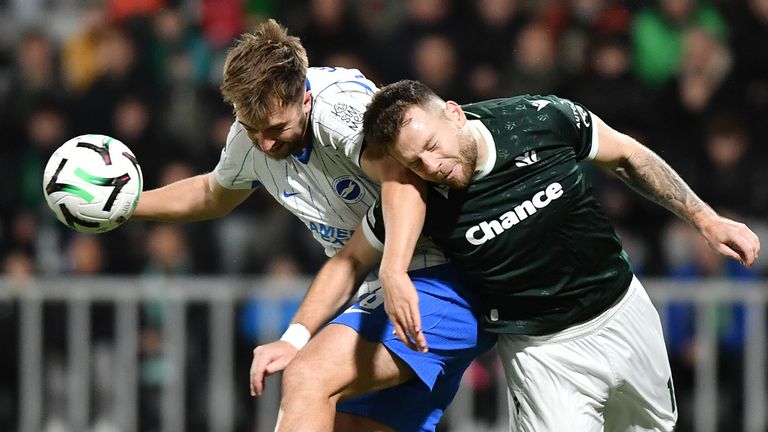 Brighton's Jack Hinshelwood, left, jumps for a header with Jablonec's Martin Cedidla during the Conference League opening phase soccer match between Jablonec and Brighton, in Jablonec nad Nisou, Czech Republic, Thursday, Oct. 22, 2026. (AP Photo/Vit Tcherny)